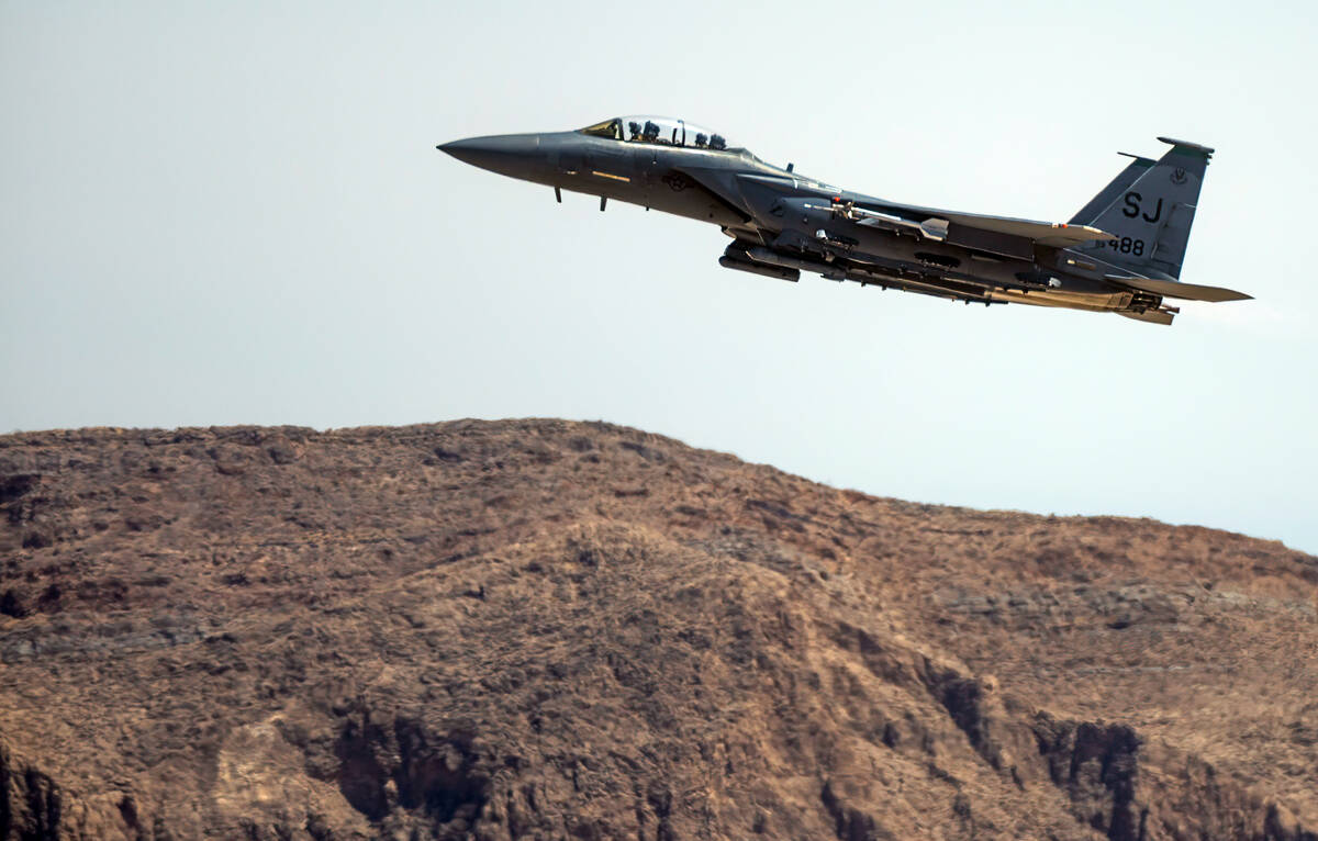 A jet takes off from Nellis Air Force Base during Red Flag 22-3 on Thursday, July 21, 2022, in ...