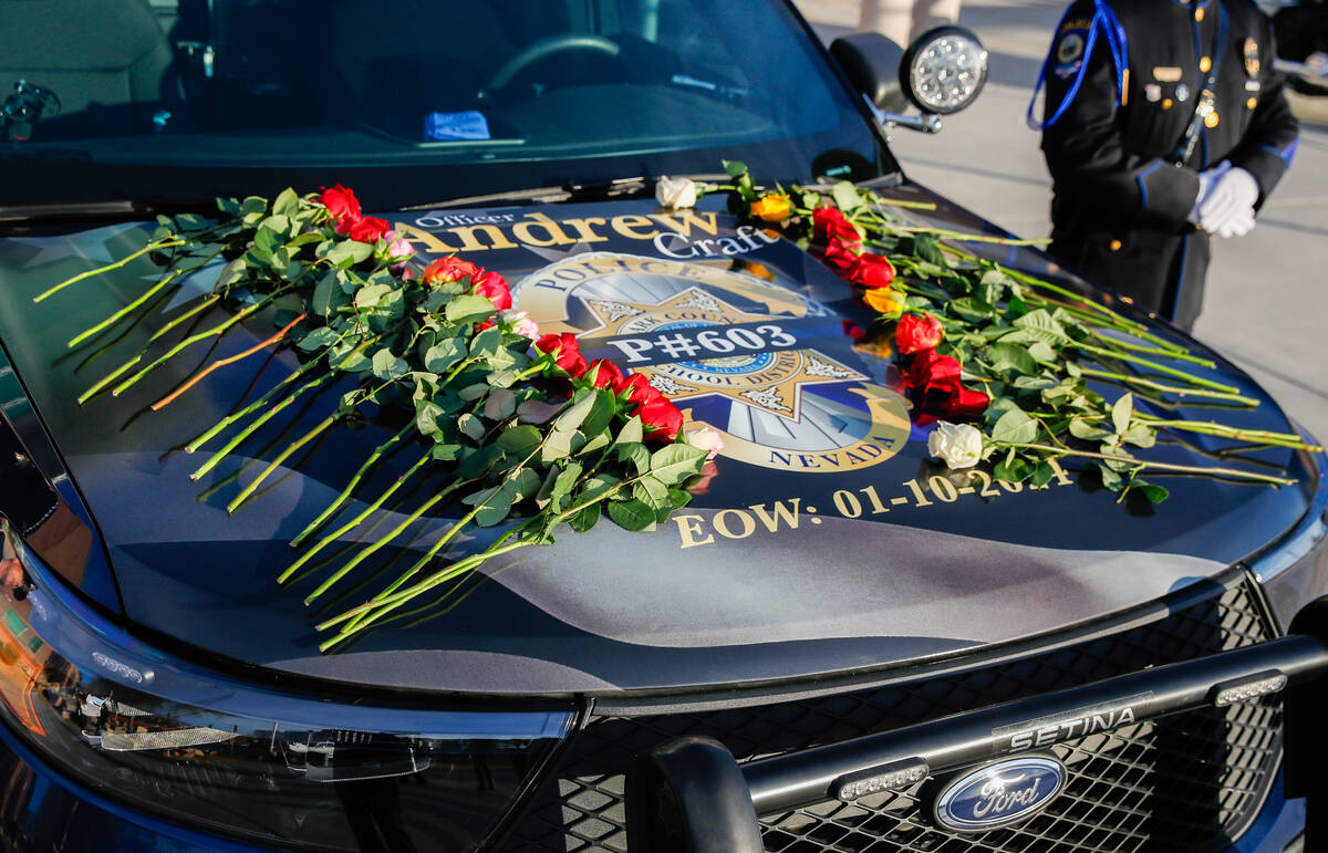The patrol vehicle of CCSD Police Officer Andrew Craft, who recently died of a medical episode, ...