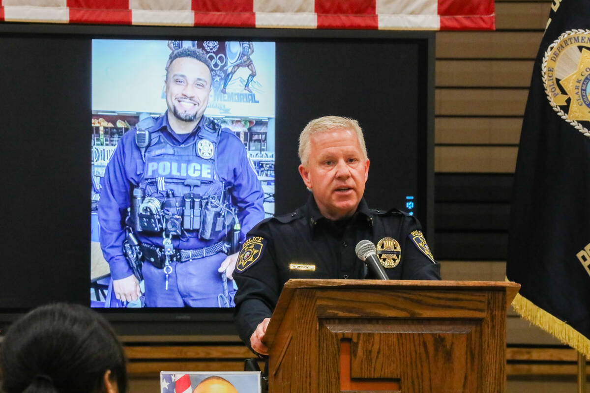 Chief of Police Dan Burgess speaks at a vigil for CCSD Police Officer Andrew Craft, who recentl ...