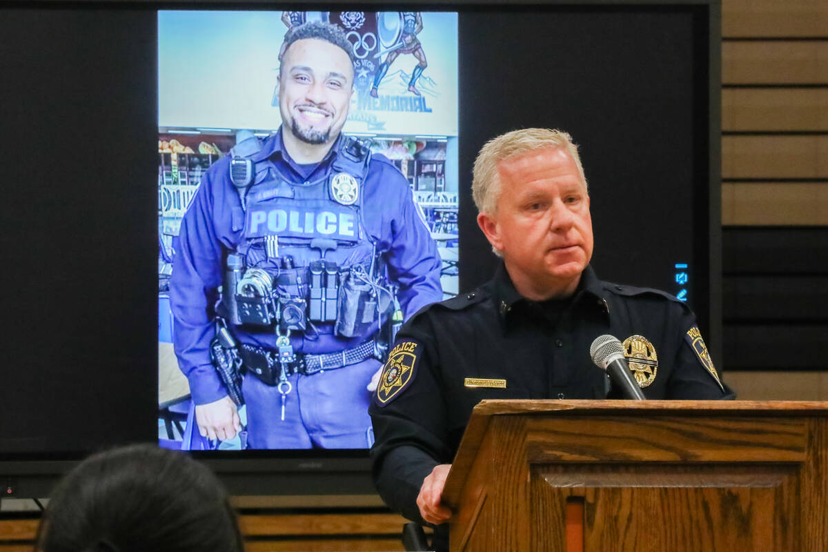 Chief of Police Dan Burgess speaks at a vigil for CCSD Police Officer Andrew Craft, who recentl ...