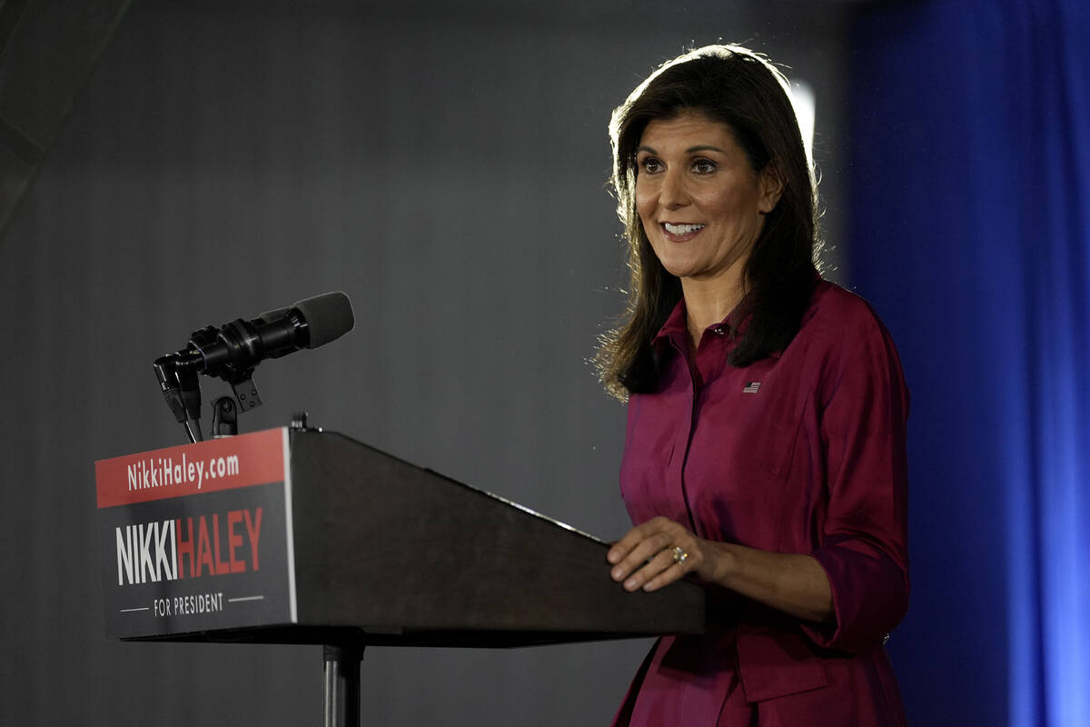 Republican presidential candidate former UN Ambassador Nikki Haley speaks at a caucus night par ...