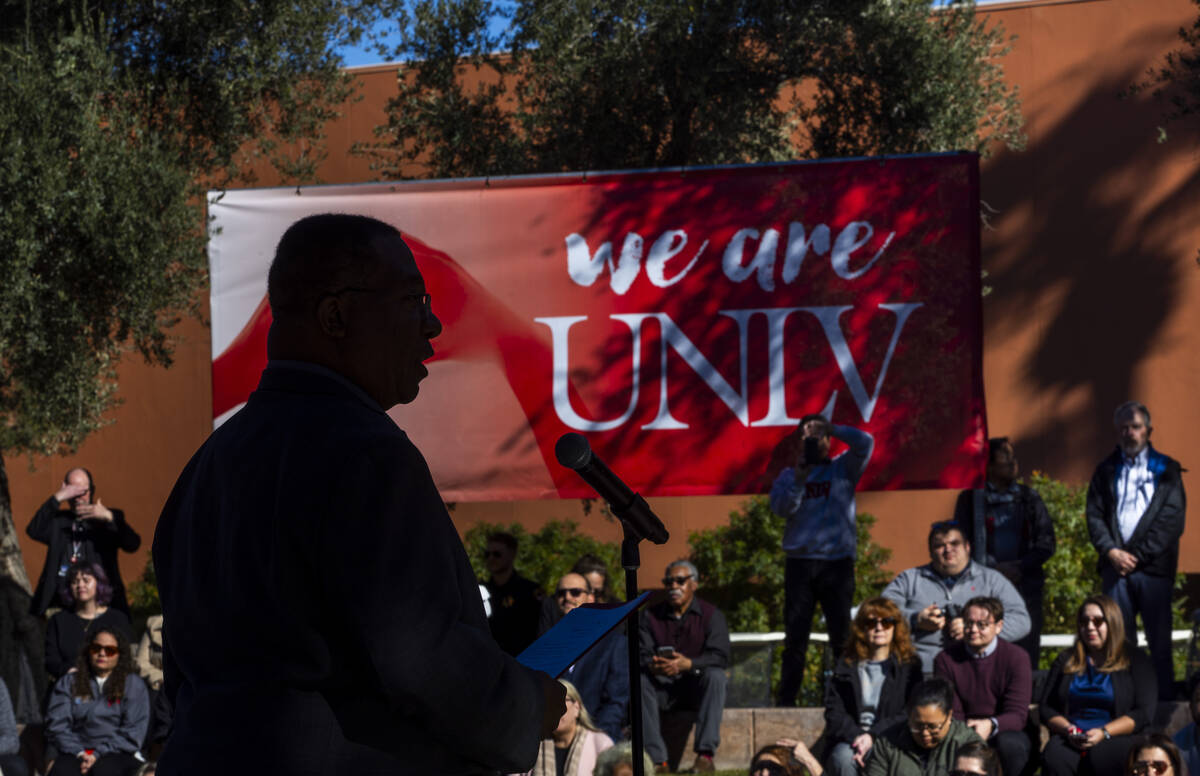 UNLV President Keith Whitfield speaks as the Intertribal Nations from Southern Nevada present a ...