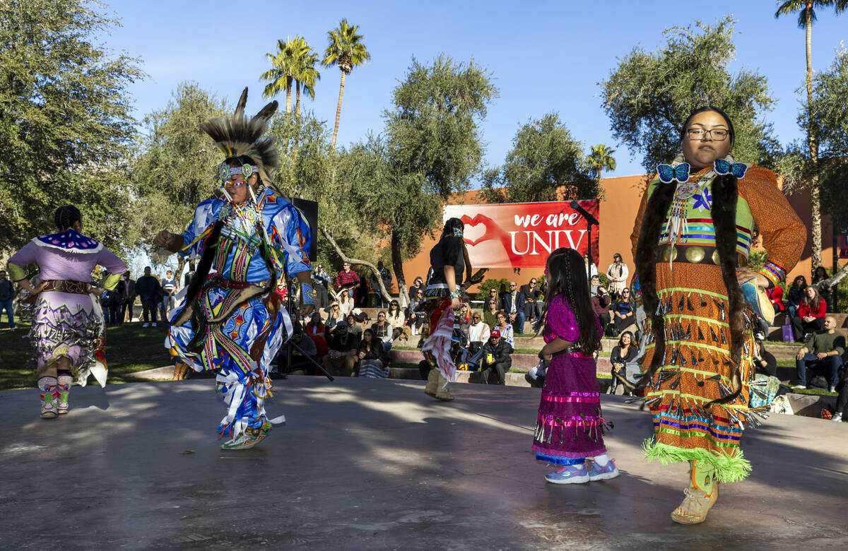 Dancers perform victory dancing during an Intertribal Nations from Southern Nevada traditional ...