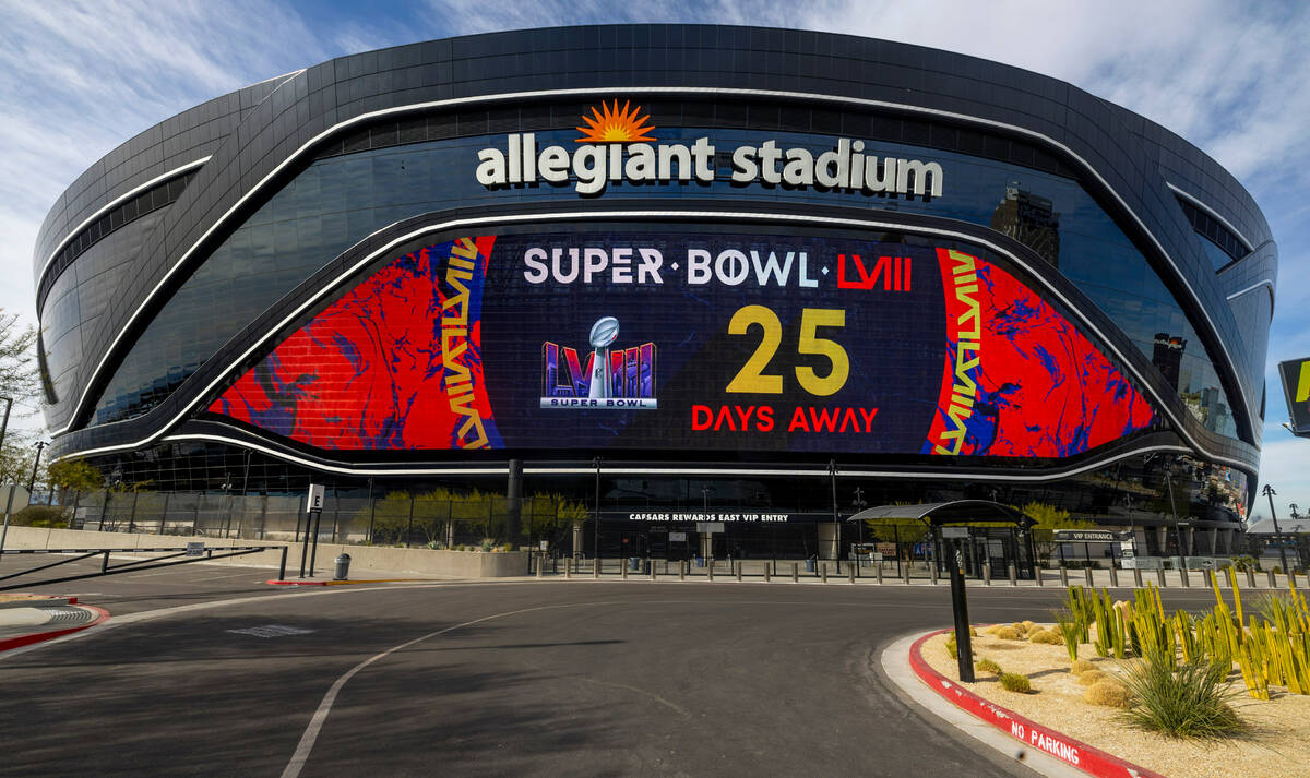 A Super Bowl countdown ad is shown on Allegiant Stadium as preparations continue on Wednesday, ...