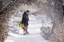 With the daytime high temperature far below zero, a man uses a leaf blower to clear a light sno ...
