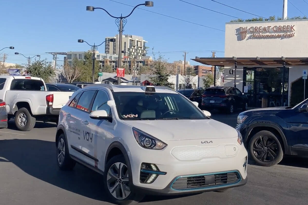 This screenshot from an undated video shows a car from the remote driving service Vay arriving ...