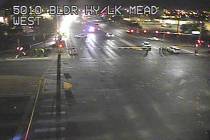 Henderson police officers investigate a fatal crash at Boulder Highway and Lake Mead Parkway on ...
