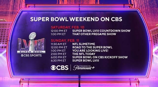 The CBS Sports broadcast schedule for Super Bowl LVIII at Allegiant Stadium. (CBS Sports)