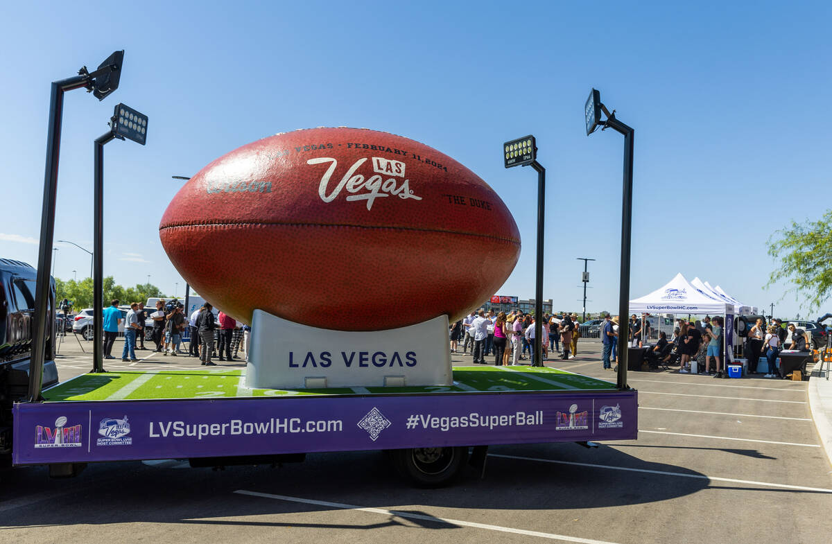 The Super Ball makes an appearance at Allegiant Stadium on Wednesday, July 26, 2023, in Las Veg ...