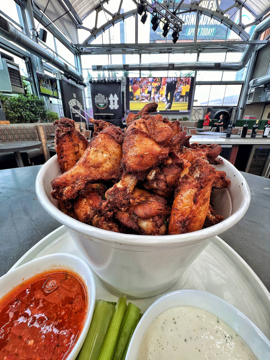 A bucket of wings from the 2024 Super Bowl offerings at The Front Yard in Ellis Island Casino i ...