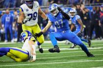 Detroit Lions defensive end Aidan Hutchinson (97) rushes on defense against the Los Angeles Ram ...