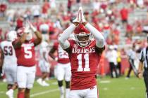 Arkansas defensive back LaDarrius Bishop (11) reacts to a safety call against South Carolina du ...