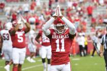 Arkansas defensive back LaDarrius Bishop (11) reacts to a safety call against South Carolina du ...