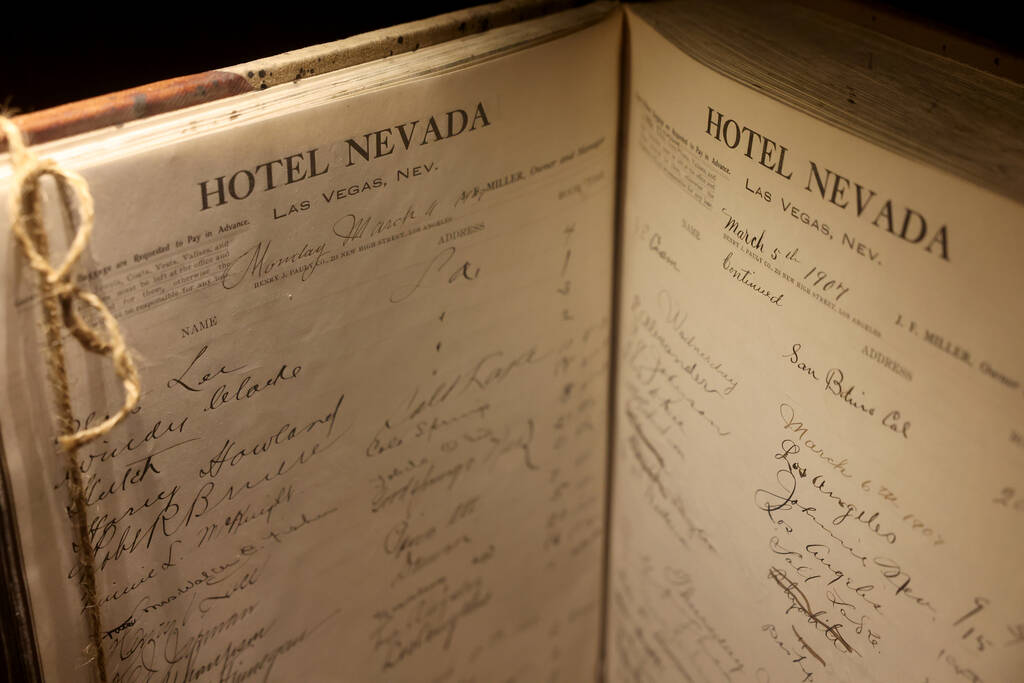 The guest register for Hotel Nevada, which became the Golden Gate, is shown in the lobby of the ...
