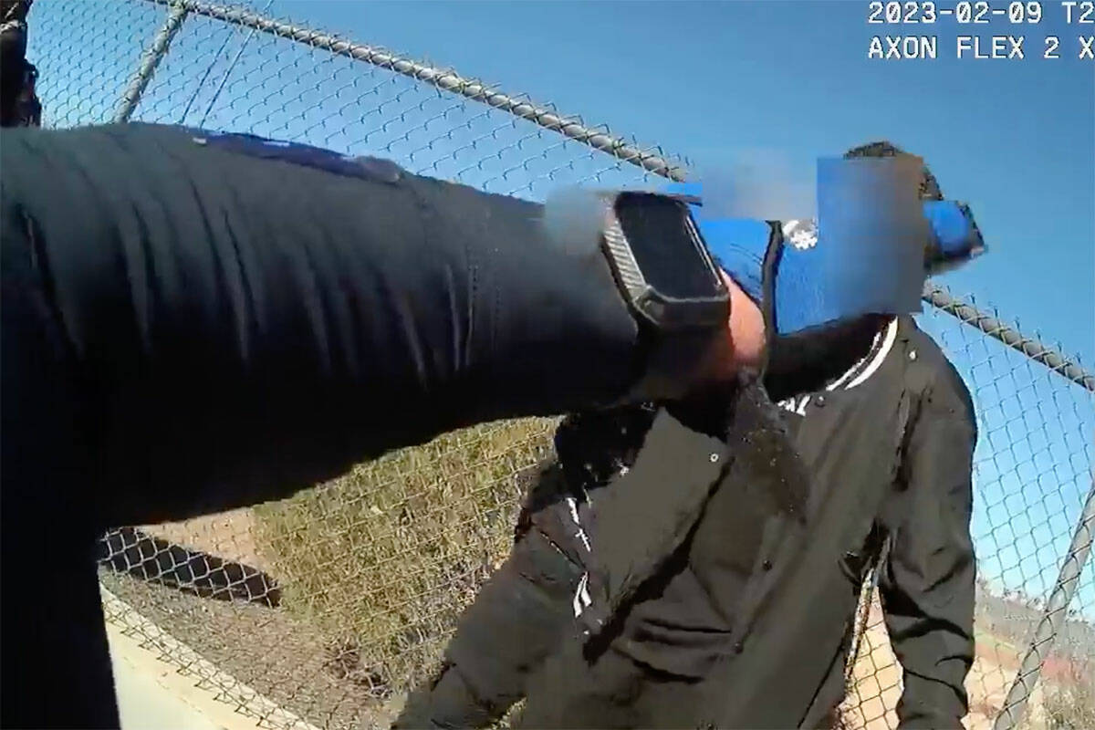 A screenshot from the body camera video released Thursday, Jan. 18, 2024 of an incident involvi ...