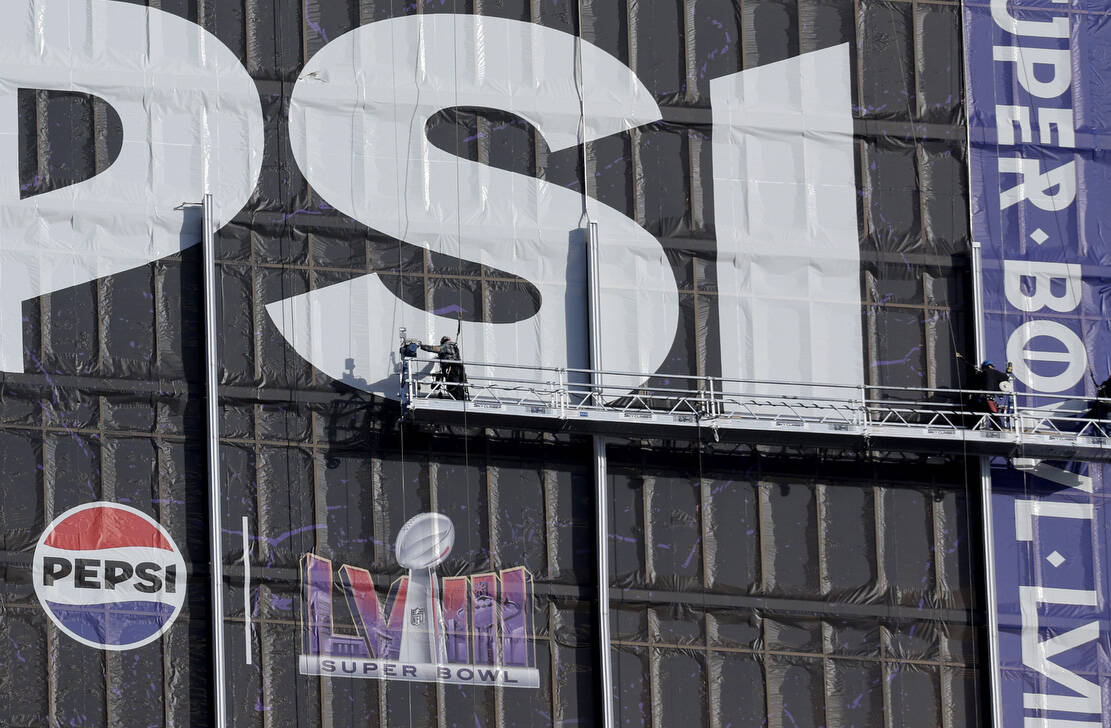 An advertising wrap for Pepsi is seen on the Delano Las Vegas near Allegiant Stadium on Wednesd ...