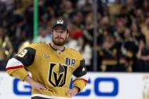 Golden Knights right wing Reilly Smith, an original Golden Knight, takes in the atmosphere afte ...