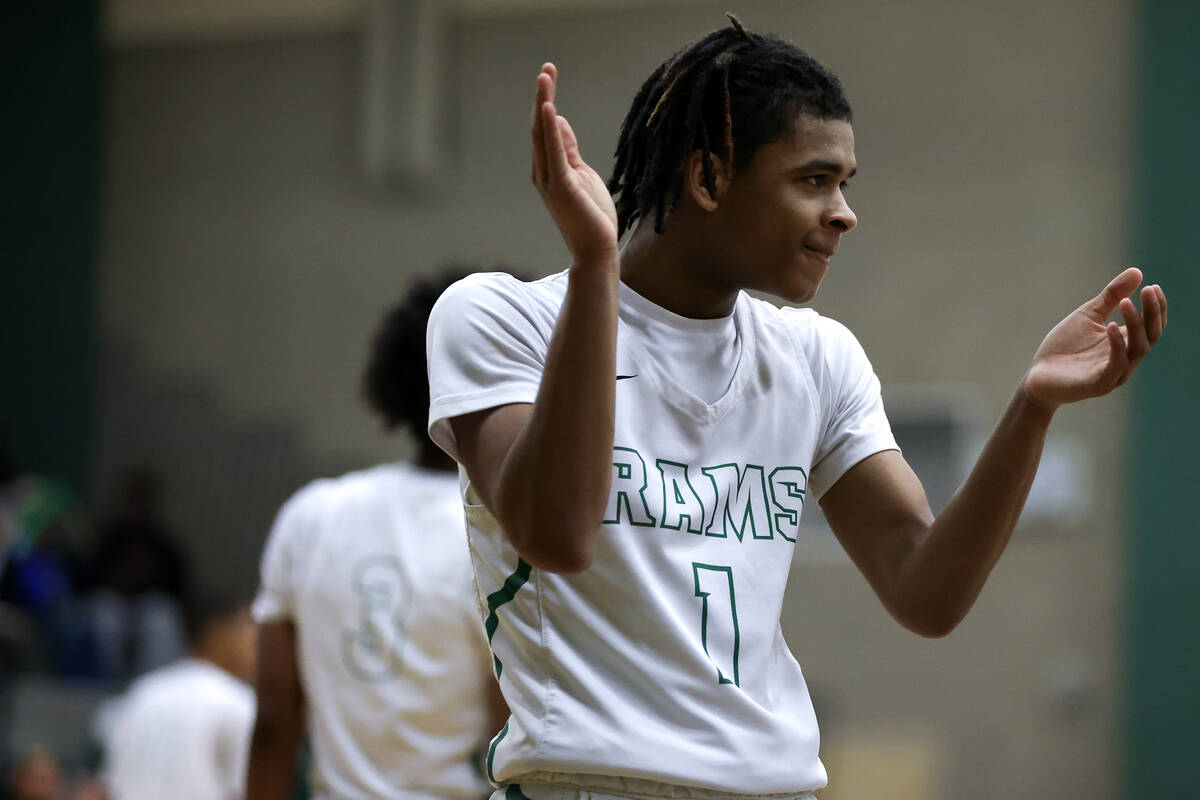 Rancho guard Jailen Childress (1) celebrates after scoring during the second half of a high sch ...