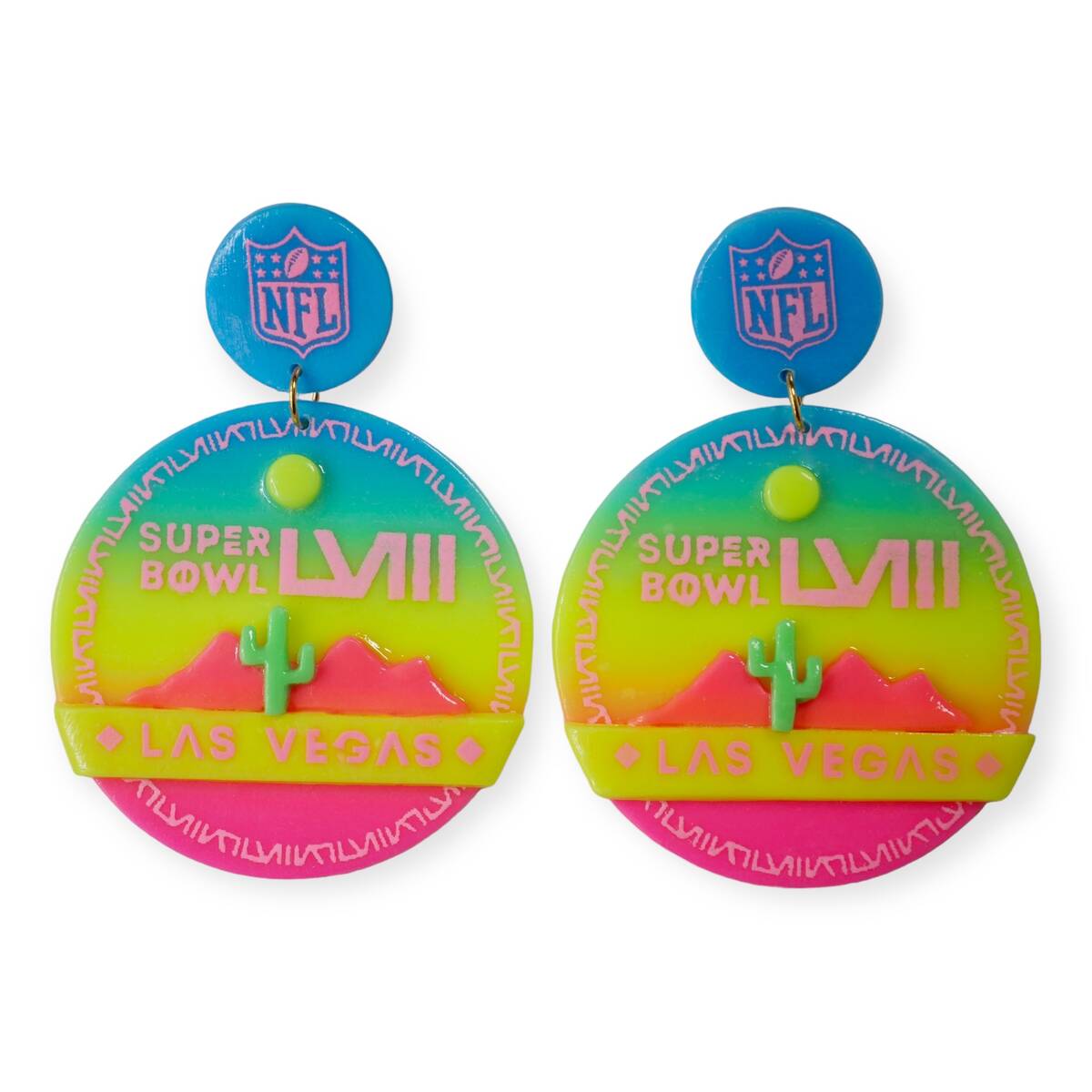 A pair of neon desert sky earrings designed by the Las Vegas based Love, Hand and Heart company ...