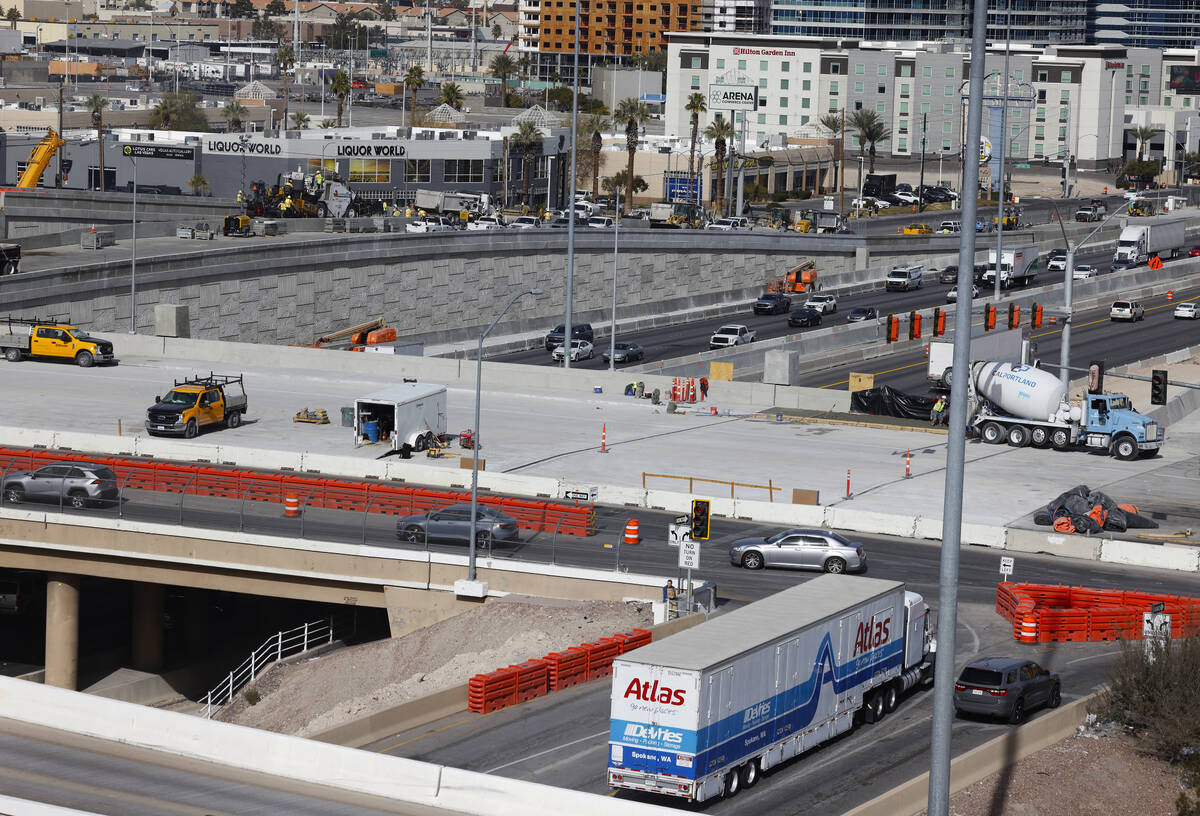 Construction is underway on the I-15/Tropicana Interchange, on Friday, Jan. 19, 2024, in Las Ve ...