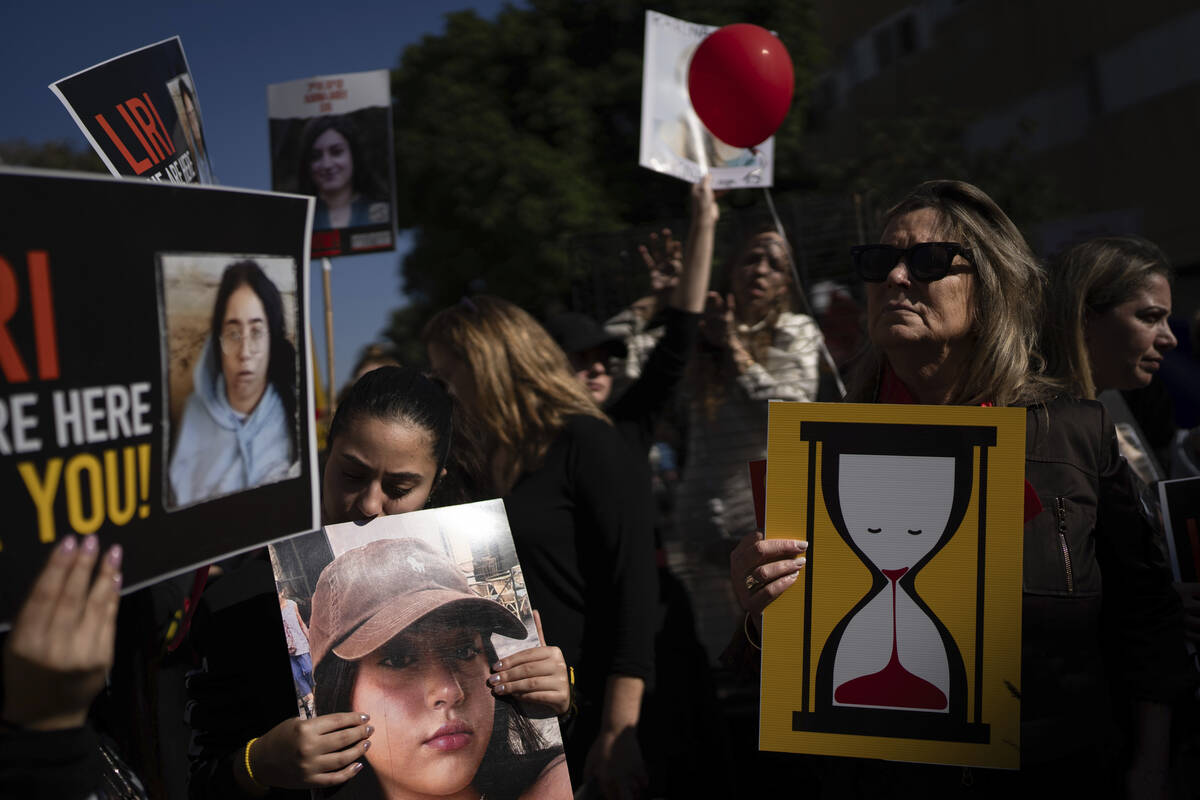 Relatives and supporters of the Israeli hostages held in the Gaza Strip by the Hamas militant g ...