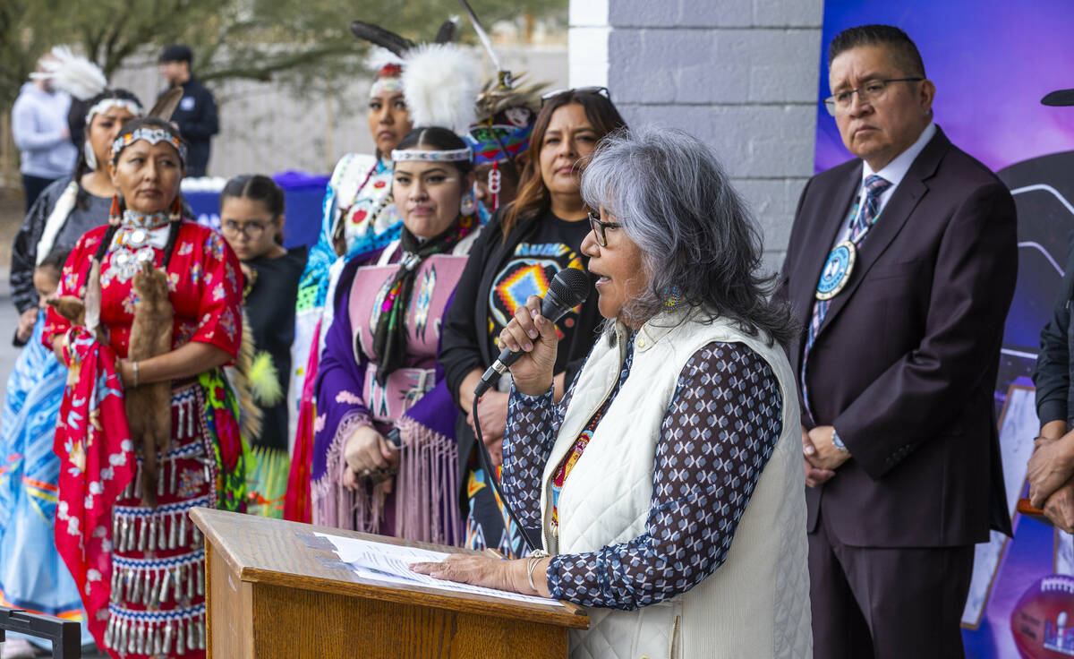 Moapa Band of Paiutes Chairwoman Janet Myers speaks during a Super Bowl "Green Week" ...