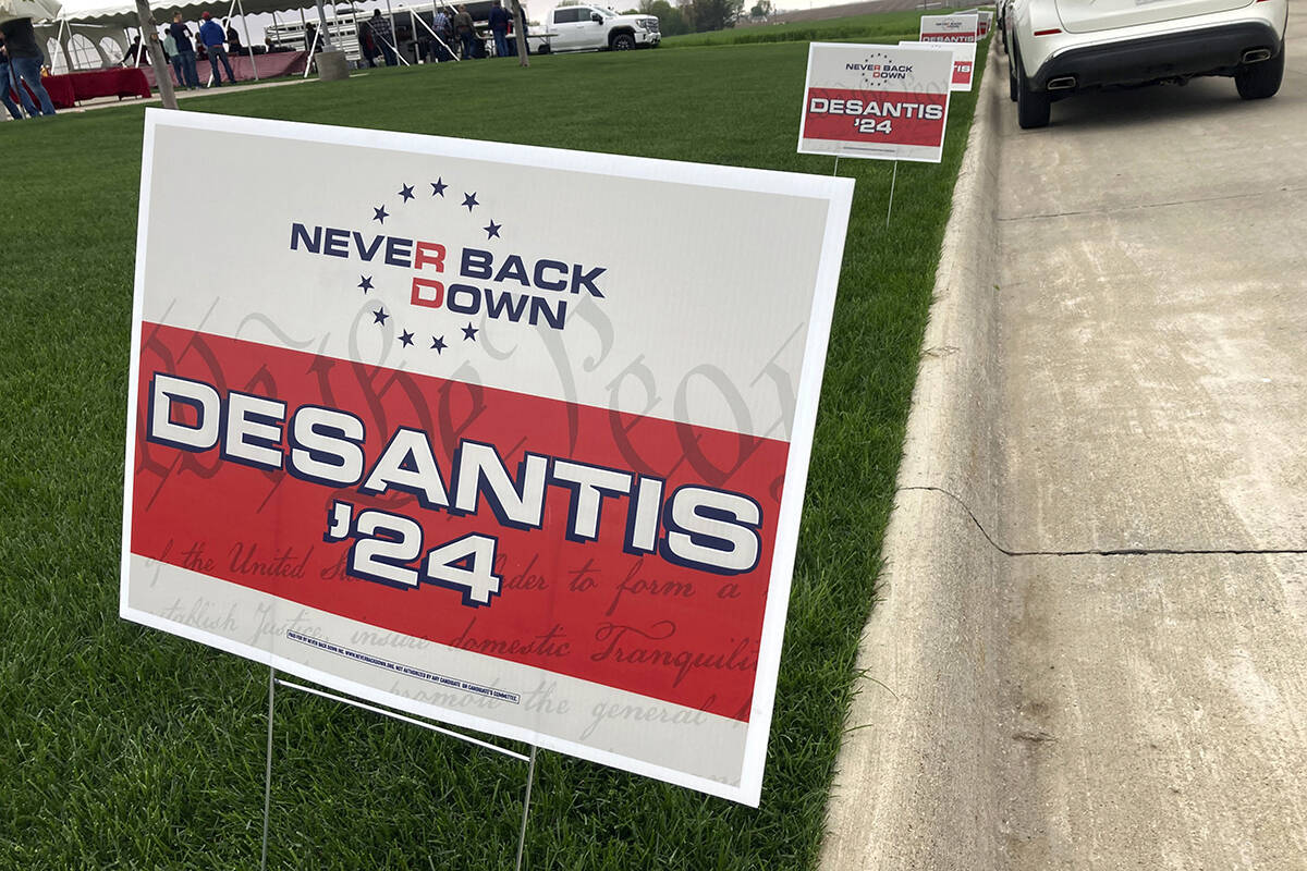 FILE - Yard signs promoting Florida Gov. Ron DeSantis in 2024, financed by the super PAC promot ...