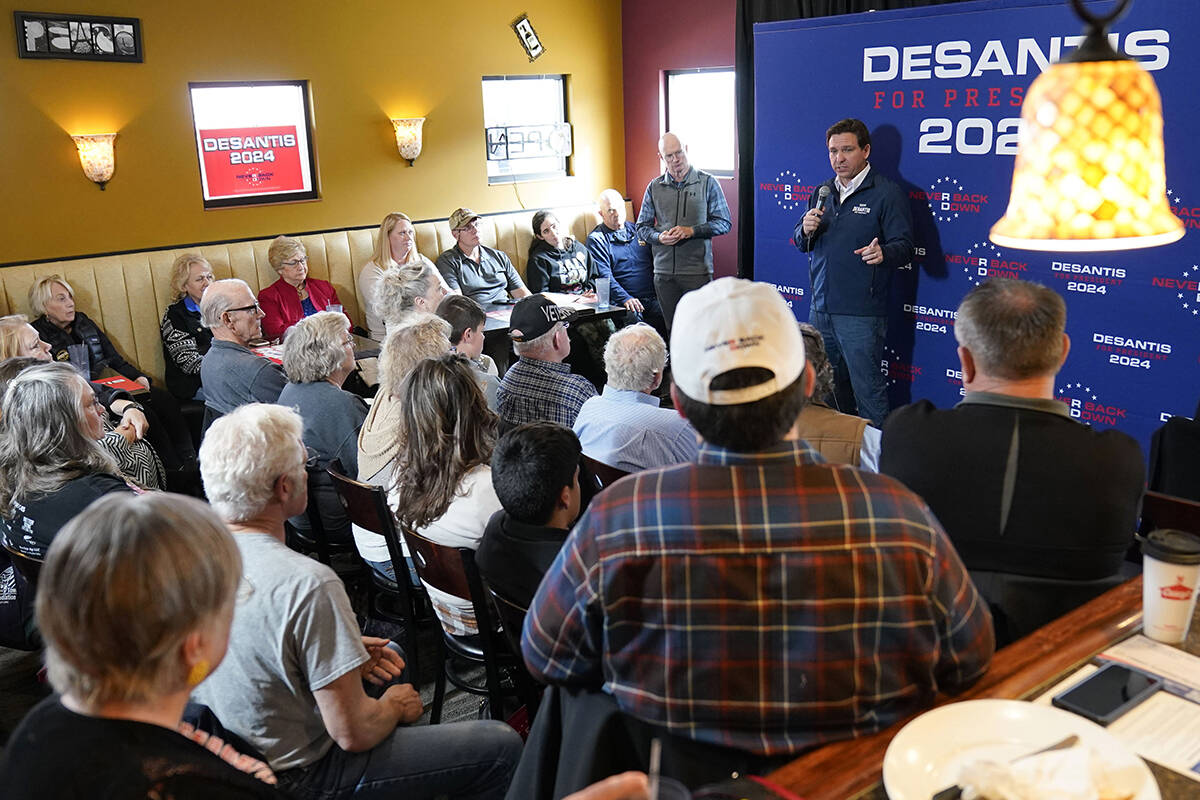 FILE - Republican presidential candidate Florida Gov. Ron DeSantis speaks during a meet and gre ...