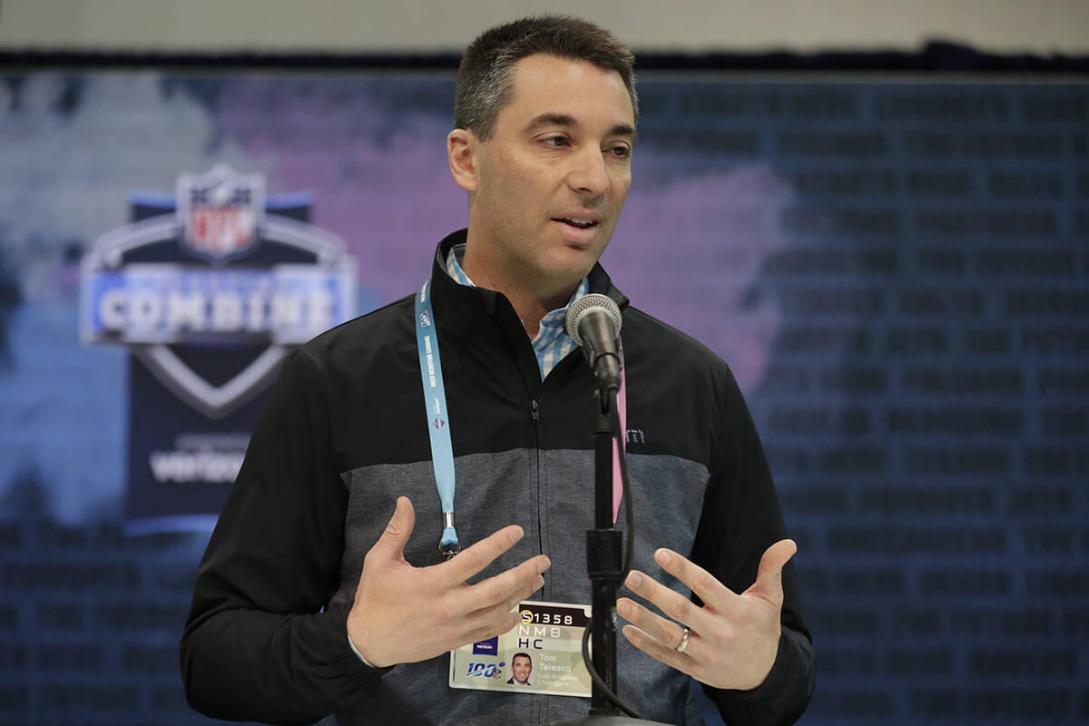 Los Angeles Chargers general manager Tom Telesco speaks during a press conference at the NFL fo ...