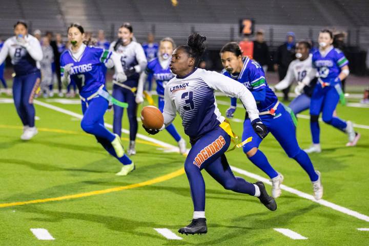 Legacy’s Mailaya Taylor (3) runs down the field during a flag football game between Gree ...