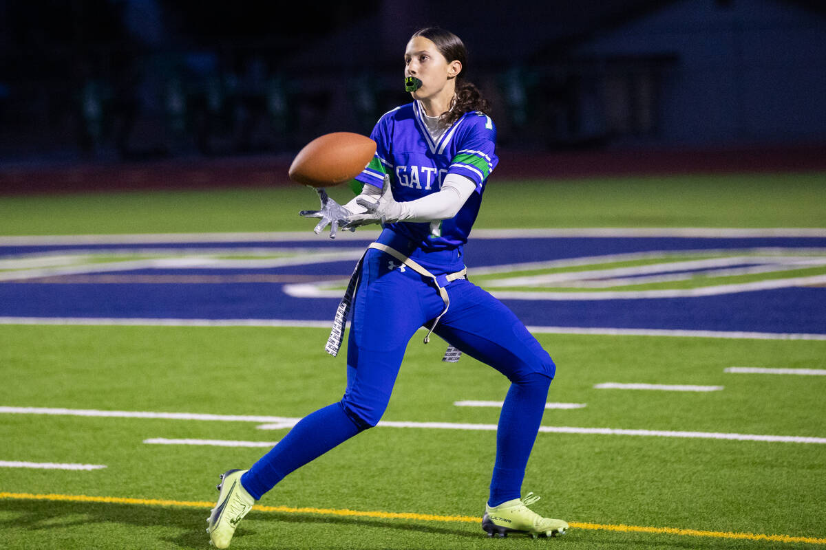 Green Valley’s Lyla Baxter (7) makes a touchdown during a flag football game between Gre ...