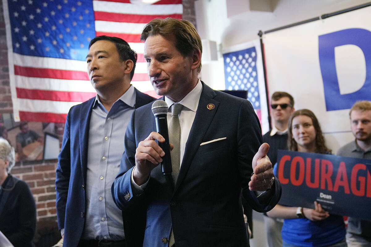 Democratic presidential candidate Rep. Dean Phillips, D-Minn., gestures while addressing a gat ...