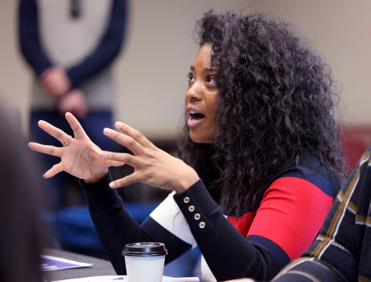 UNLV mass shooting survivor Taylor Cummings speaks during a roundtable discussion with Rep. Max ...