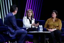 Renee Wilm, center, CEO of the Las Vegas Grand Prix, speaks as Betsy Fretwell, right, COO, Las ...