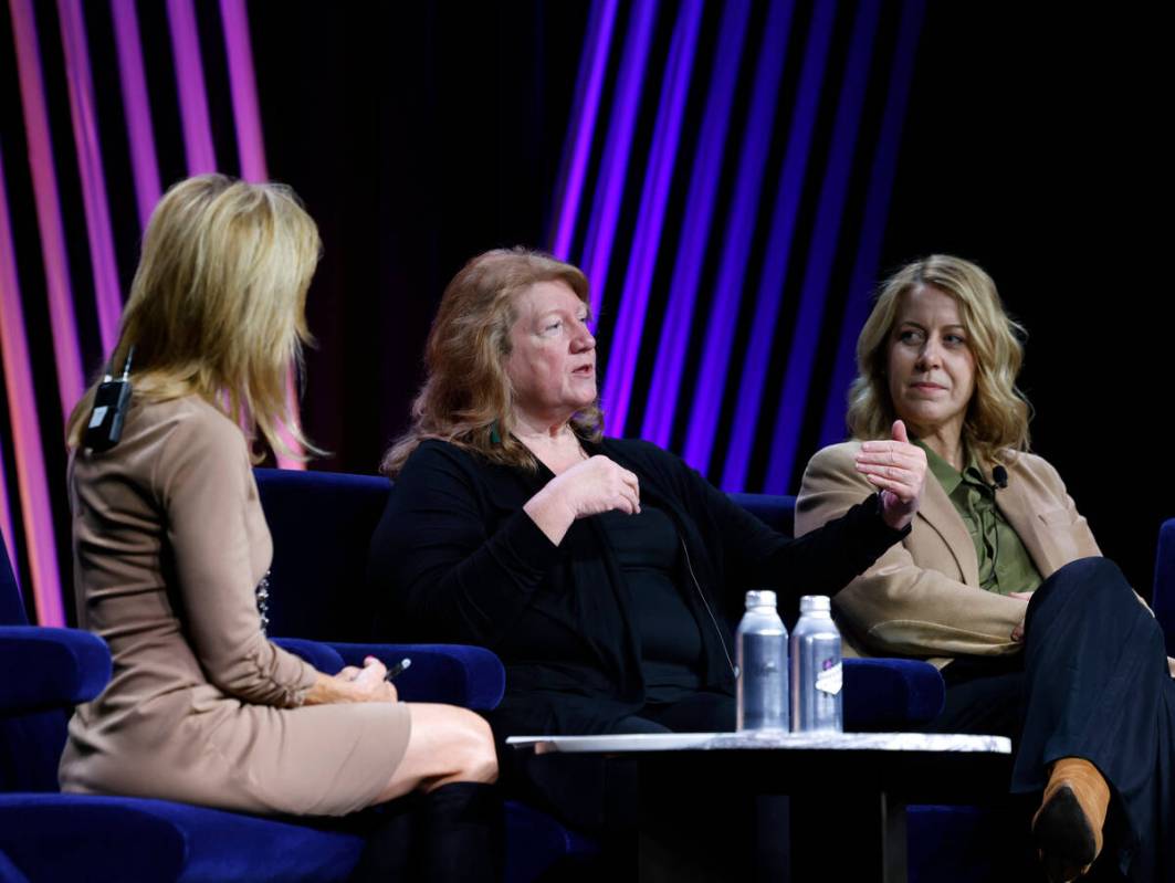 Tracy Larkin-Thomason, center, director of the Nevada Department of Transportation, speaks as M ...