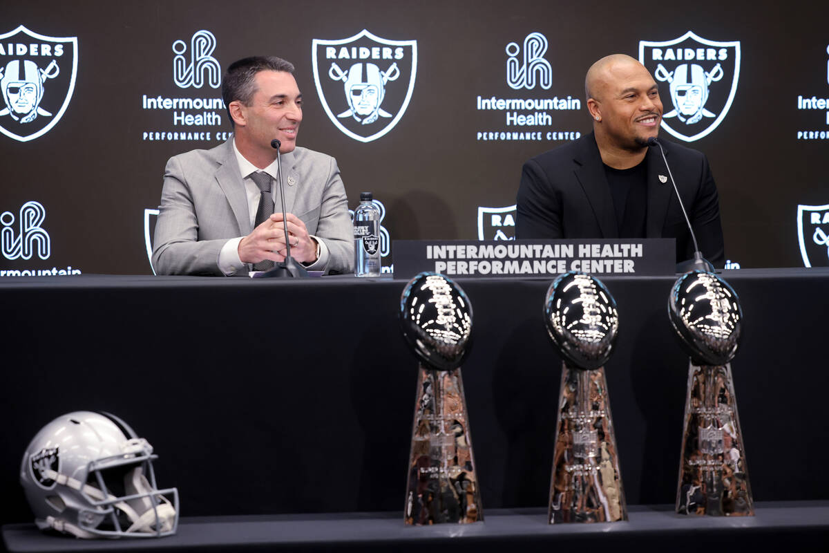 Tom Telesco, left, and Antonio Pierce are introduced as coach and general manager at Raiders he ...