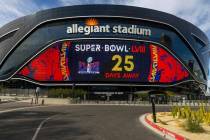 A Super Bowl countdown ad is shown at Allegiant Stadium as preparations continue on Wednesday, ...