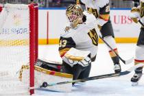 Vegas Golden Knights goaltender Adin Hill (33) stops a shot during the second period of the tea ...