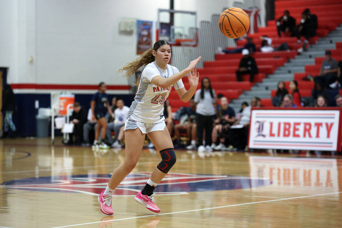 Liberty's Xasia Smith (23) passes up the court during the second half of a high school basketba ...