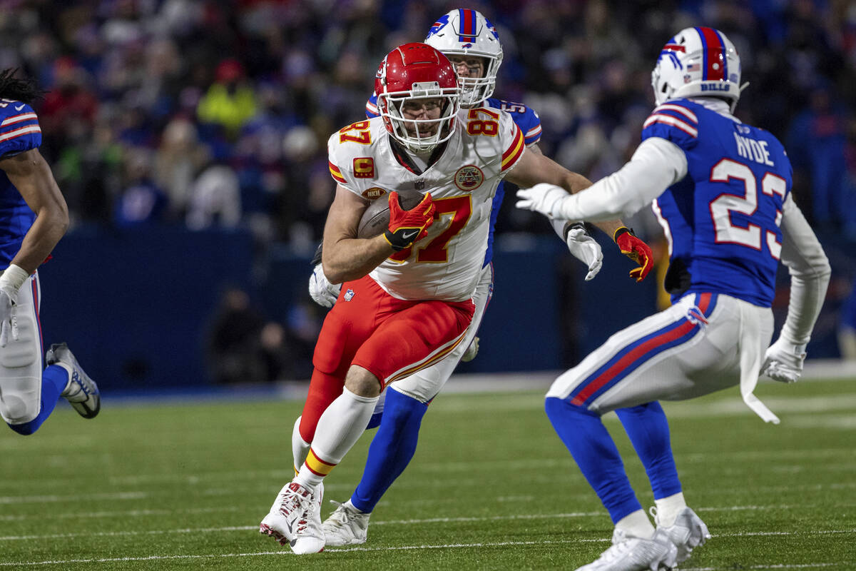 Kansas City Chiefs tight end Travis Kelce (87) runs after a catch during an NFL divisional roun ...