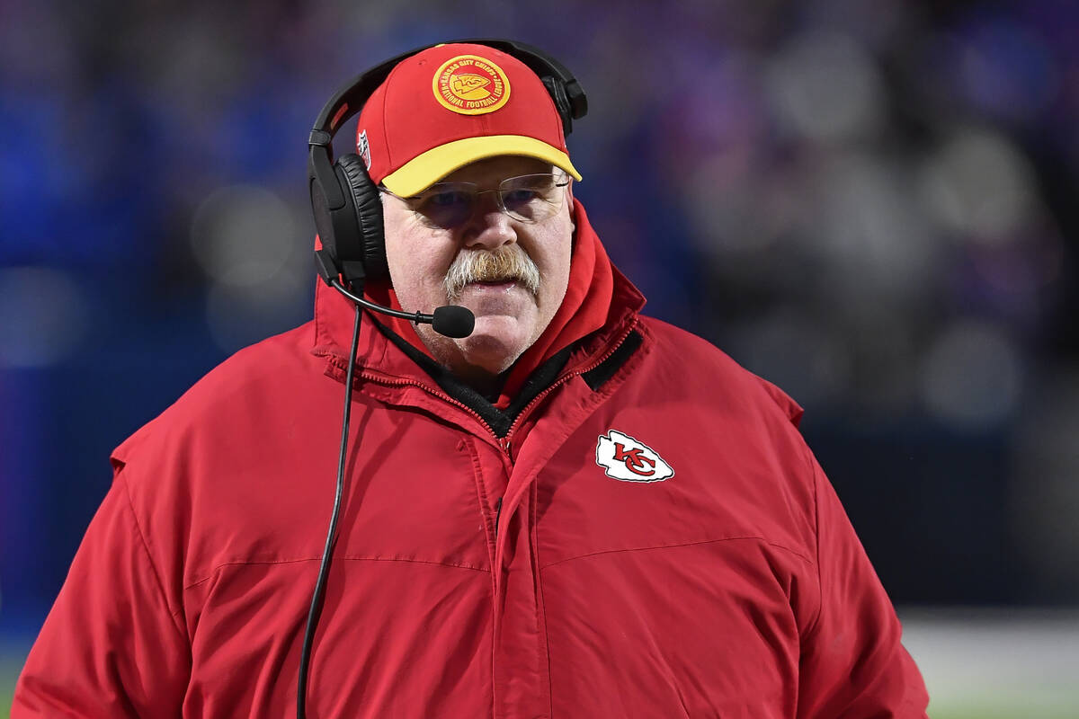 Kansas City Chiefs head coach Andy Reid watches play during the first half of an NFL AFC divisi ...