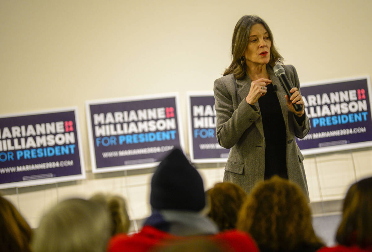 Democratic presidential hopeful Marianne Williamson speaks a campaign stop at the Keene Public ...