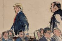 In this courtroom sketch, Friday, Jan. 26. 2024, Donald Trump, left, is followed by his inside ...