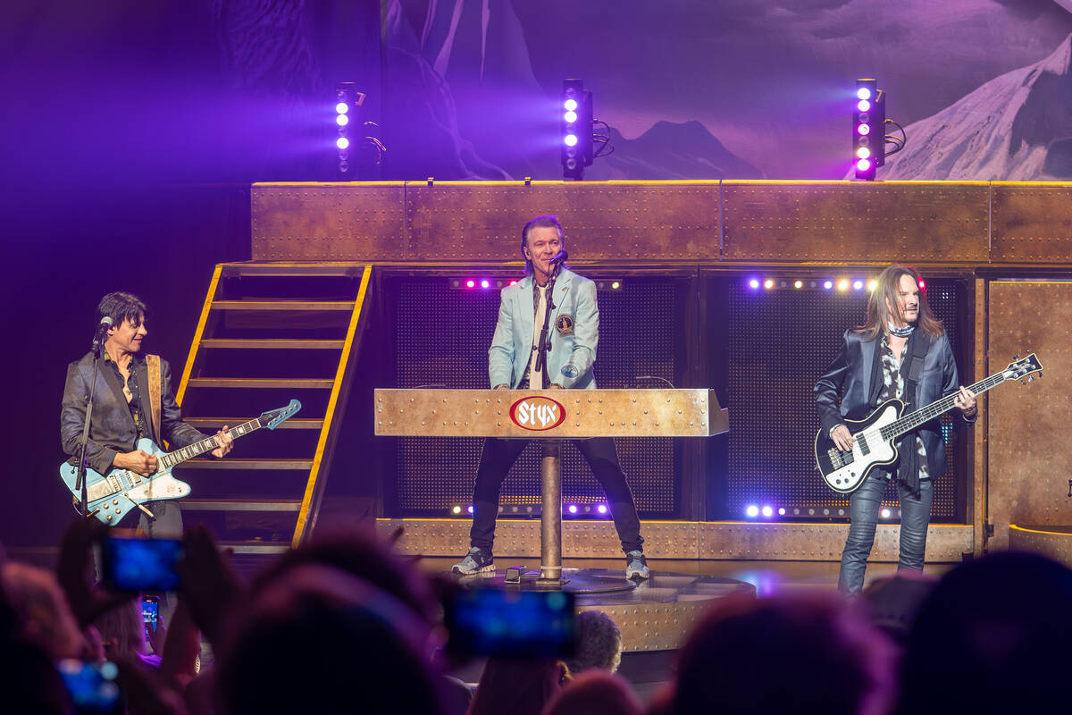Lawrence Gowan, middle, Todd Sucherman, left, of Styx are shown at the band's return to The Ven ...