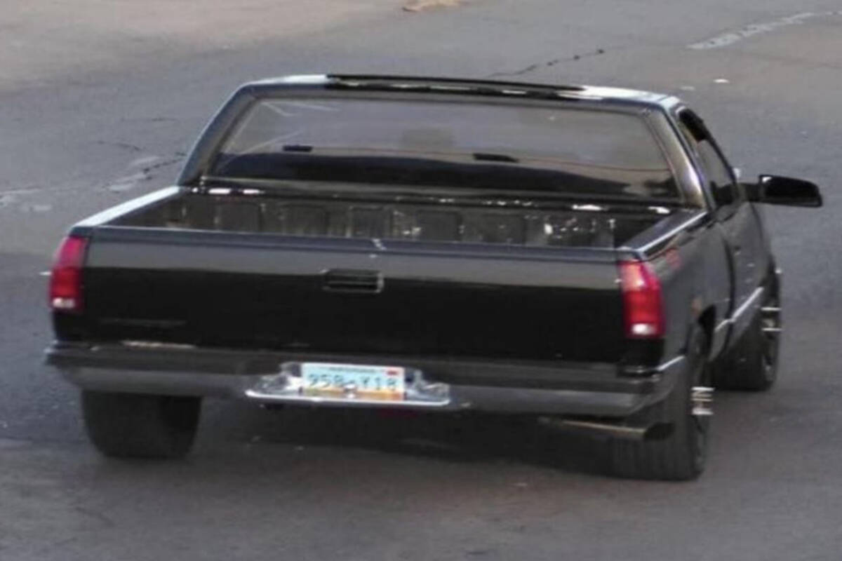 A black 1992 GMC Sierra single cab pickup truck with Nevada license plate 958Y18 is the vehicle ...