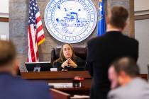 District Judge Jessica Peterson presides over a court hearing at the Regional Justice Center on ...