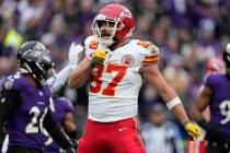 Kansas City Chiefs tight end Travis Kelce (87) celebrates his touchdown during the first half o ...