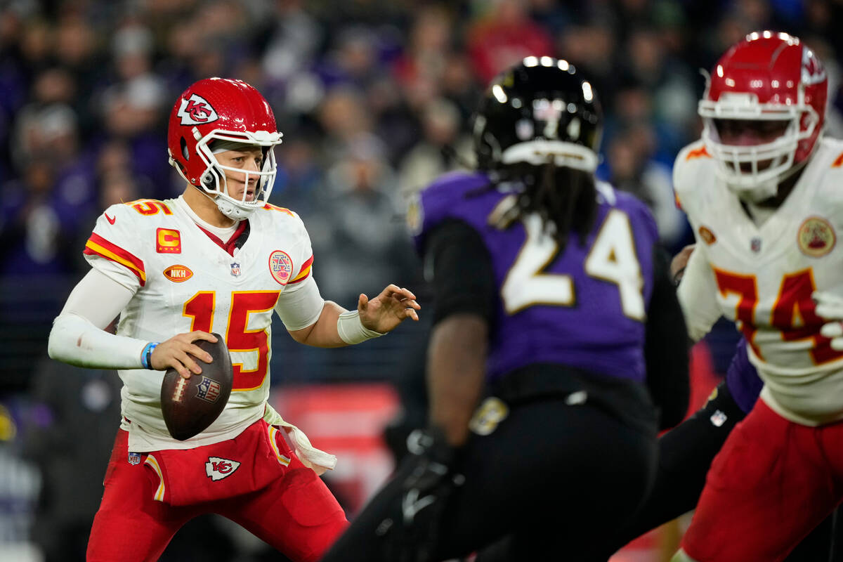 Kansas City Chiefs' Patrick Mahomes plays during the AFC Championship NFL football game, Sunday ...
