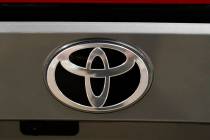 FILE - Shown is a Toyota logo at the Philadelphia Auto Show, Friday, Jan. 27, 2023, in Philadel ...