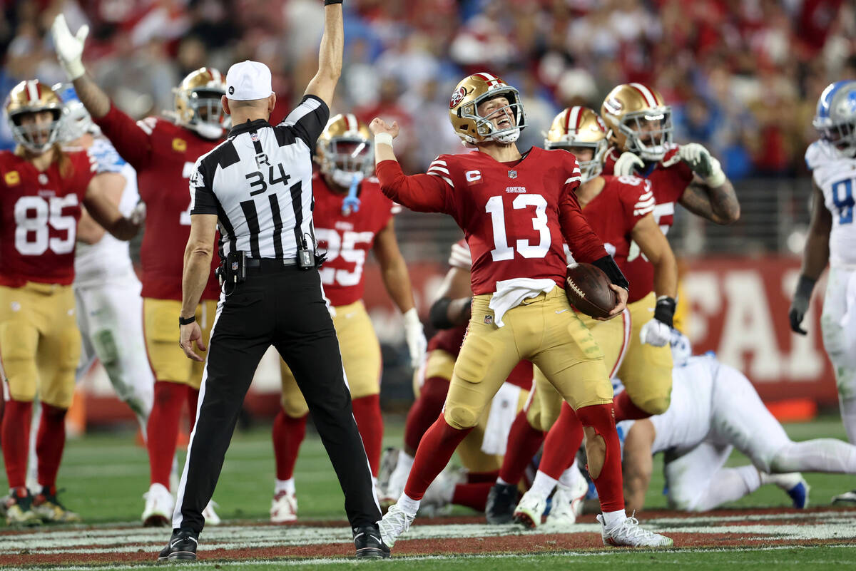 San Francisco 49ers' Brock Purdy (13) celebrates after his team's win over the Detroit Lions in ...